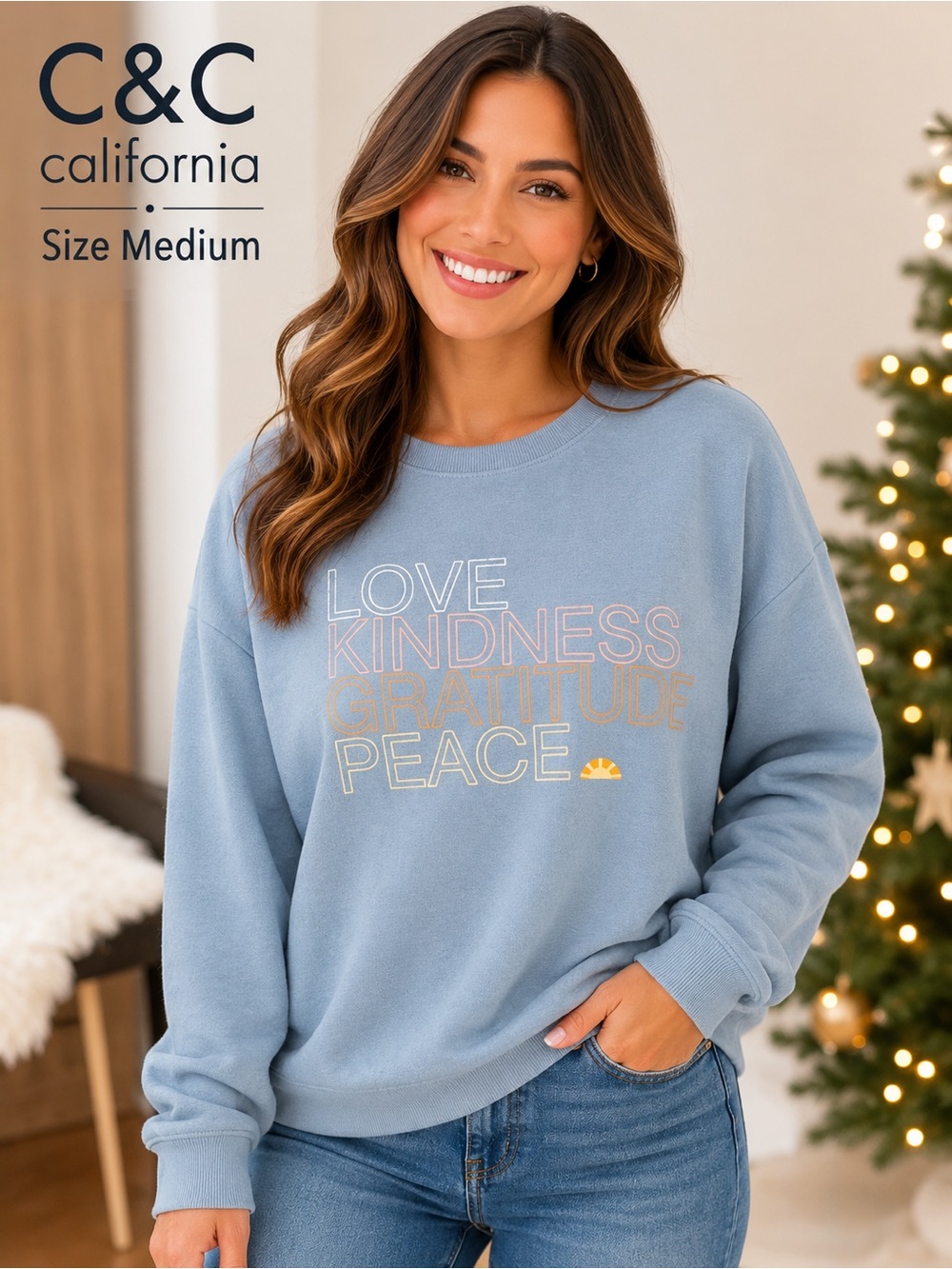 C&C California Love Kindness Gratitude Peace Sweatshirt Medium Blue NWT